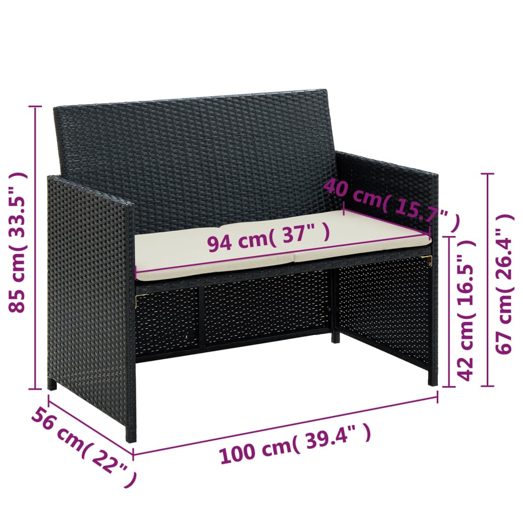 2-personers havesofa med hynder sort polyrattan