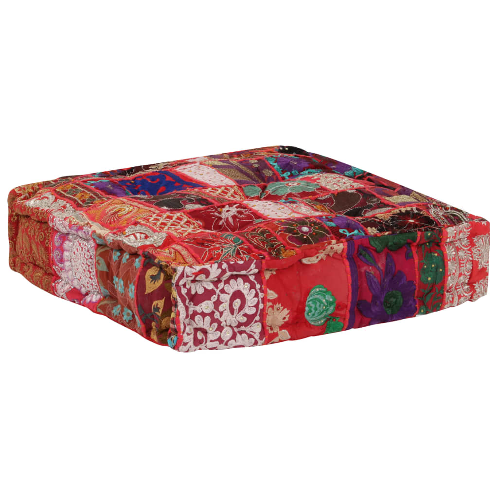 puffe med patchwork firkantet bomuld håndlavet 50 x 50 x 12 cm rød