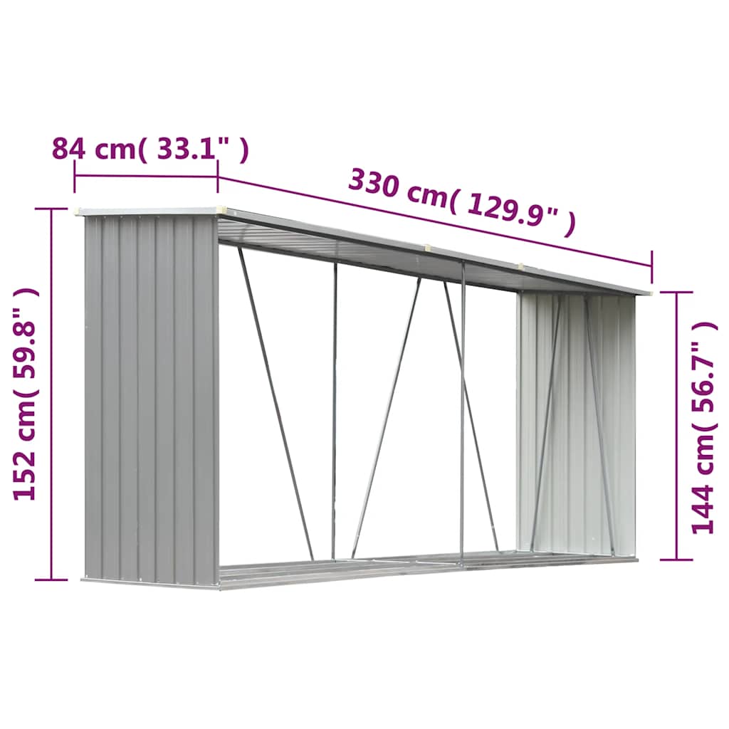 brændeskur til haven galvaniseret stål 330x84x152 cm grå