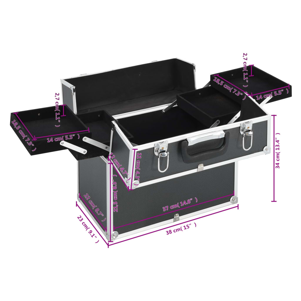 makeupkuffert 38x23x34 cm sort aluminium