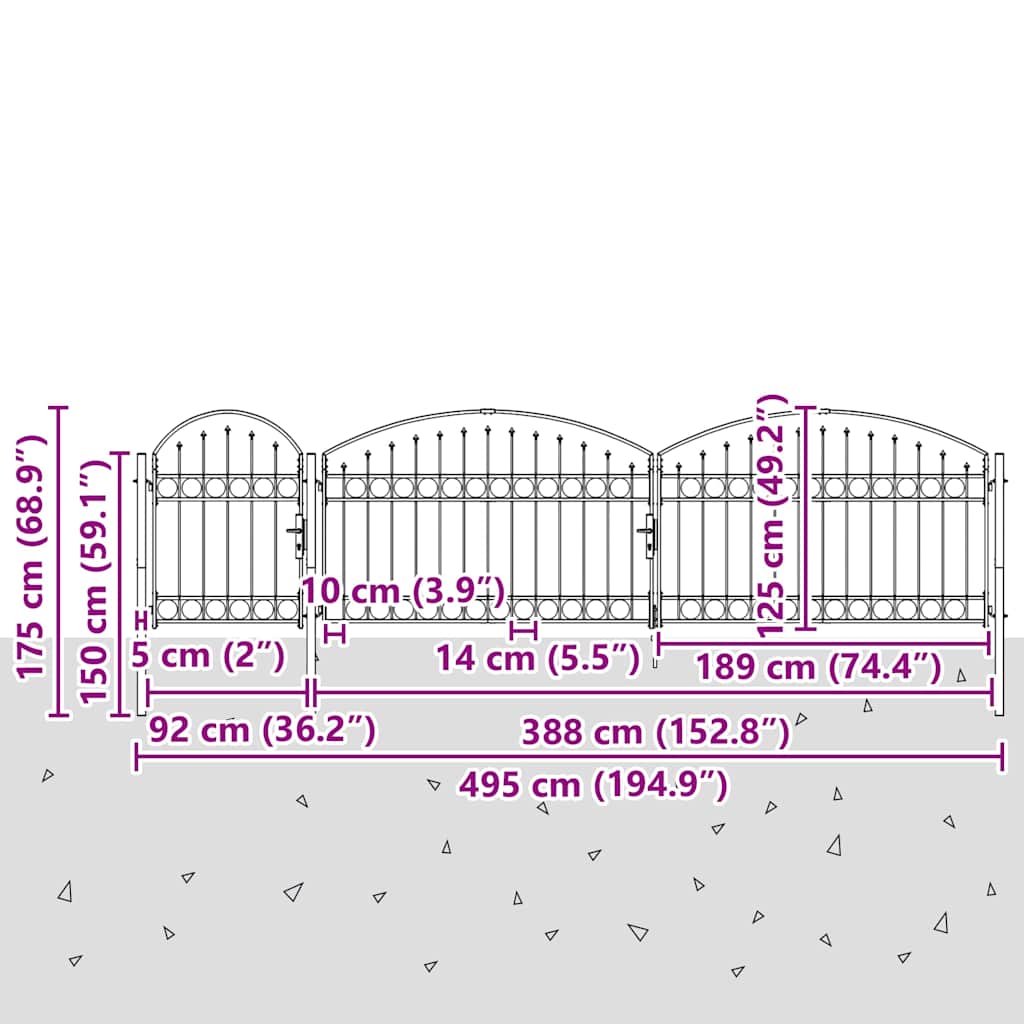 havehegnslåge ASSEN med buet top stål 1,25x5 m sort