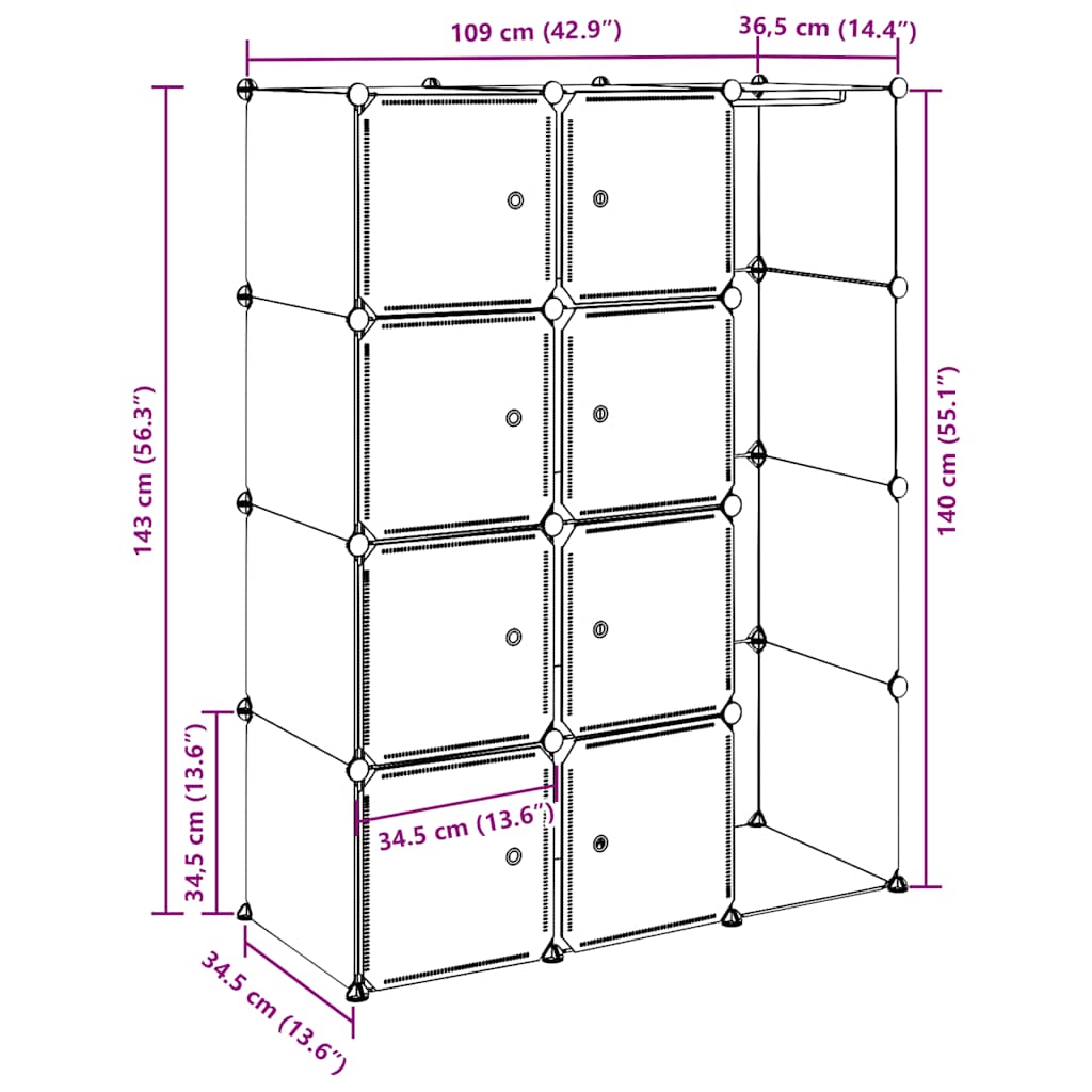 modulskab 9 rum 109x36,5x143 cm sort og hvid