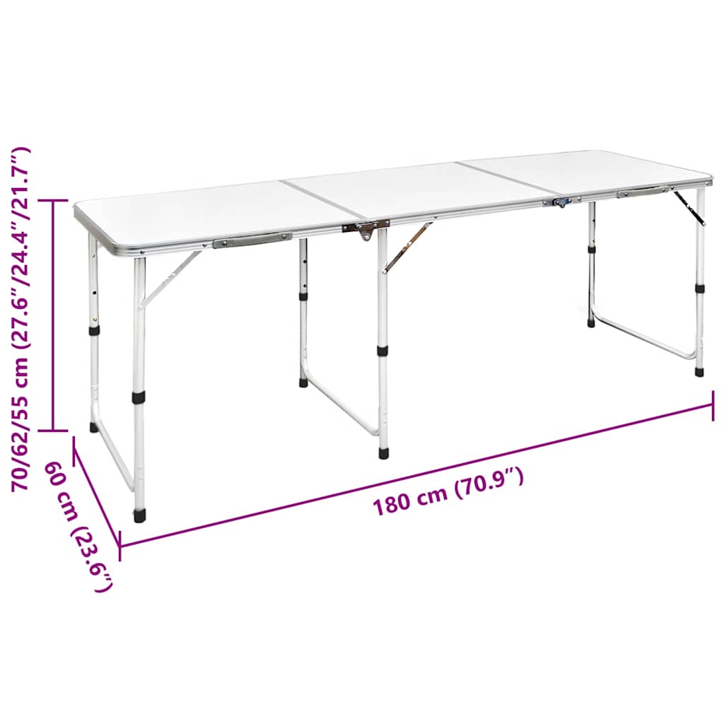 Sammenfoldeligt højdejusterbart camping bord i aluminium, 180 x 60 cm