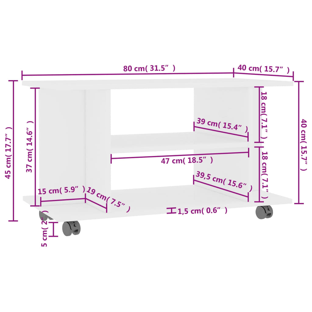 tv-skab med hjul 80x40x45 cm konstrueret træ hvid
