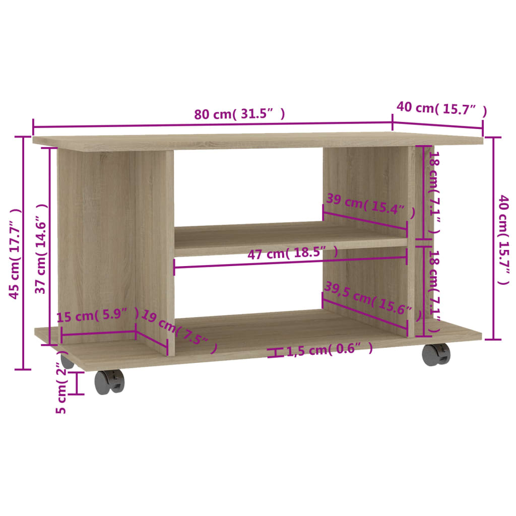tv-skab med hjul 80x40x45 cm konstrueret træ sonoma-eg