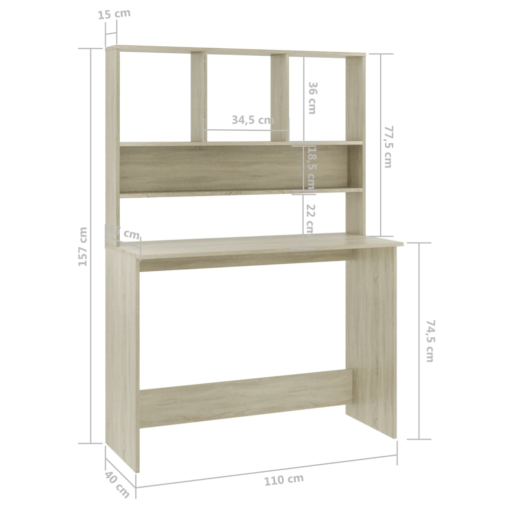 skrivebord m. hylder 110x45x157 cm konstrueret træ sonoma-eg
