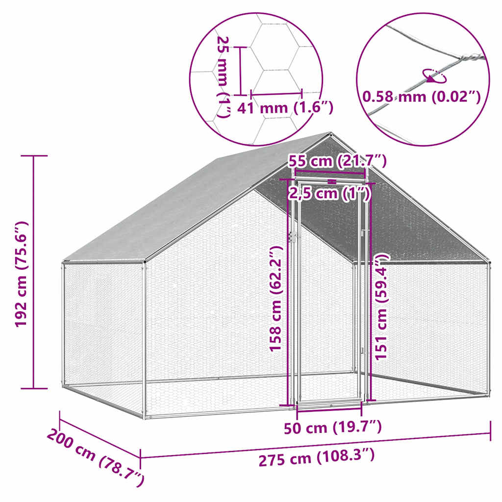 udendørs hønsebur 2,75x2x1,92 m galvaniseret stål