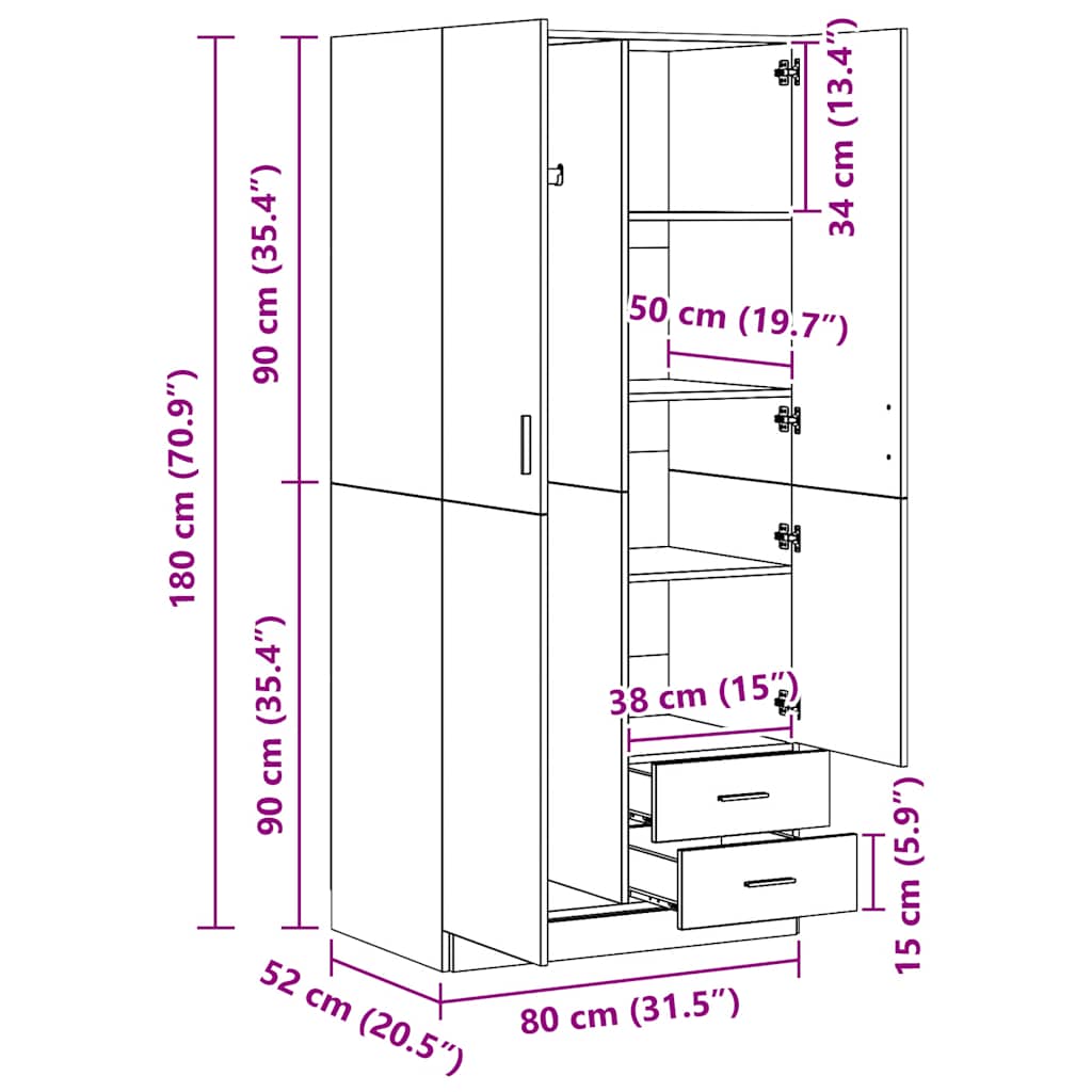 klædeskab 80x52x180 cm konstrueret træ hvid