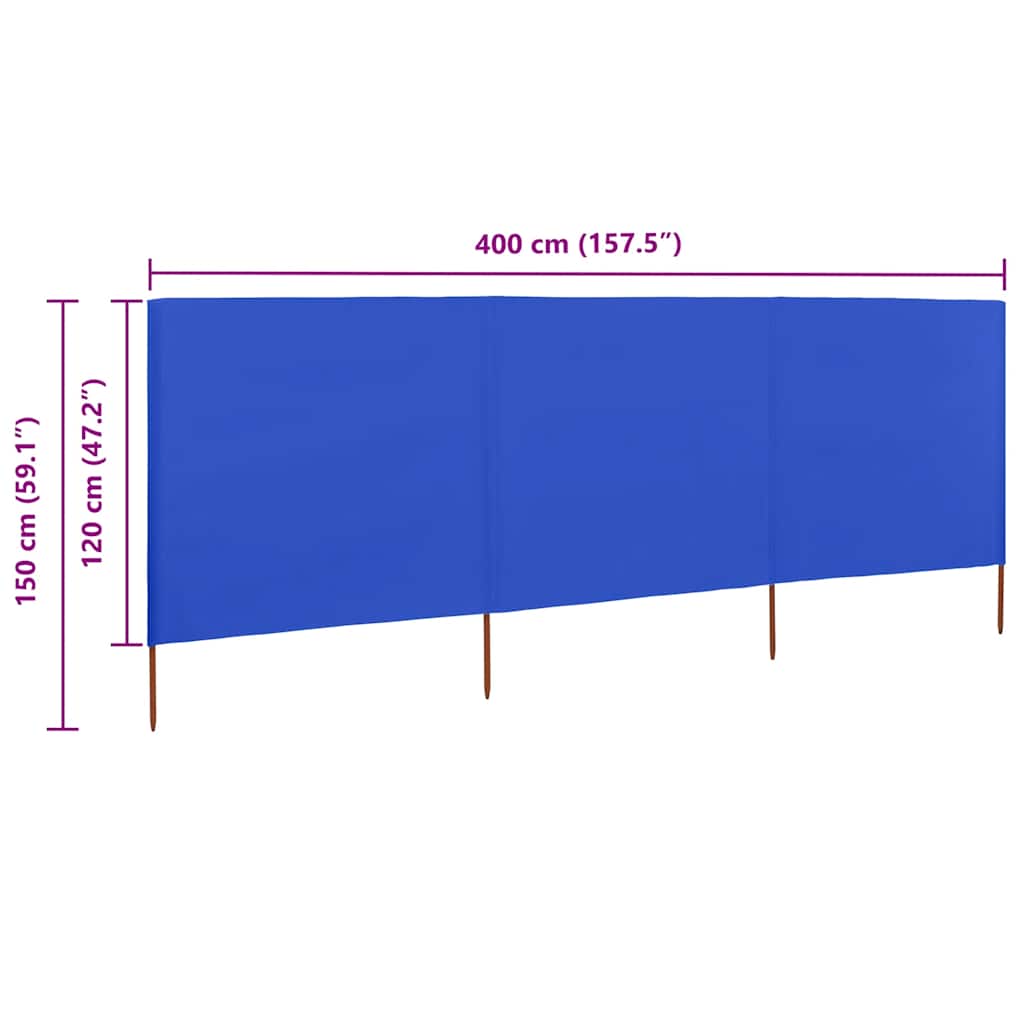 3-panels læsejl 400x120 cm stof azurblå