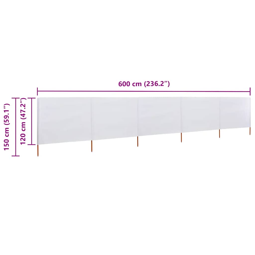 5-panels læsejl 600x120 cm stof sandhvid