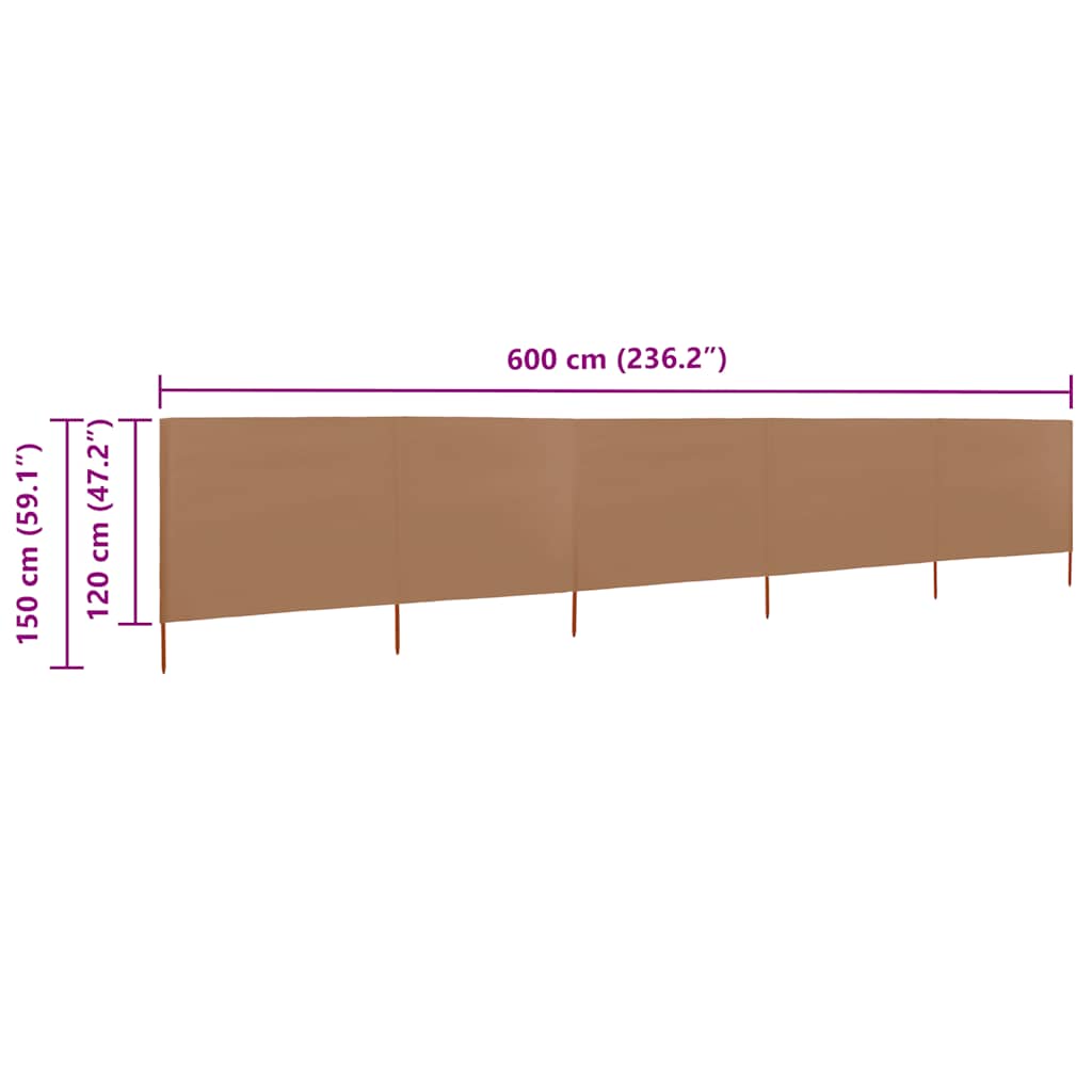 5-panels læsejl 600x120 cm stof gråbrun