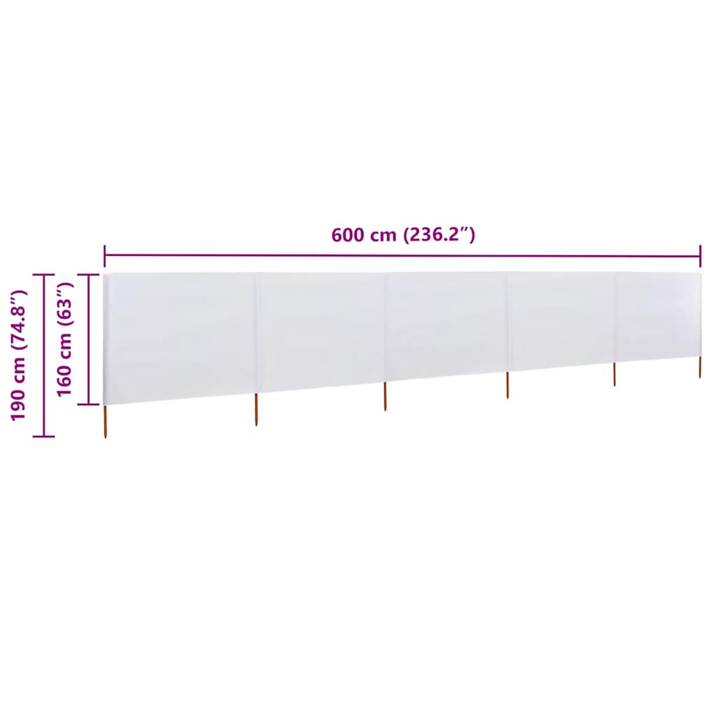 5-panels læsejl 600x160 cm stof sandhvid