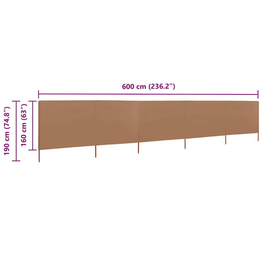 5-panels læsejl 600x160 cm stof gråbrun