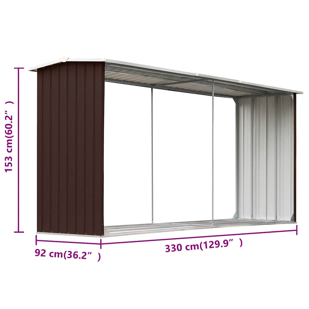brændeskur til haven 330 x 92 x 153 cm galvaniseret stål brun