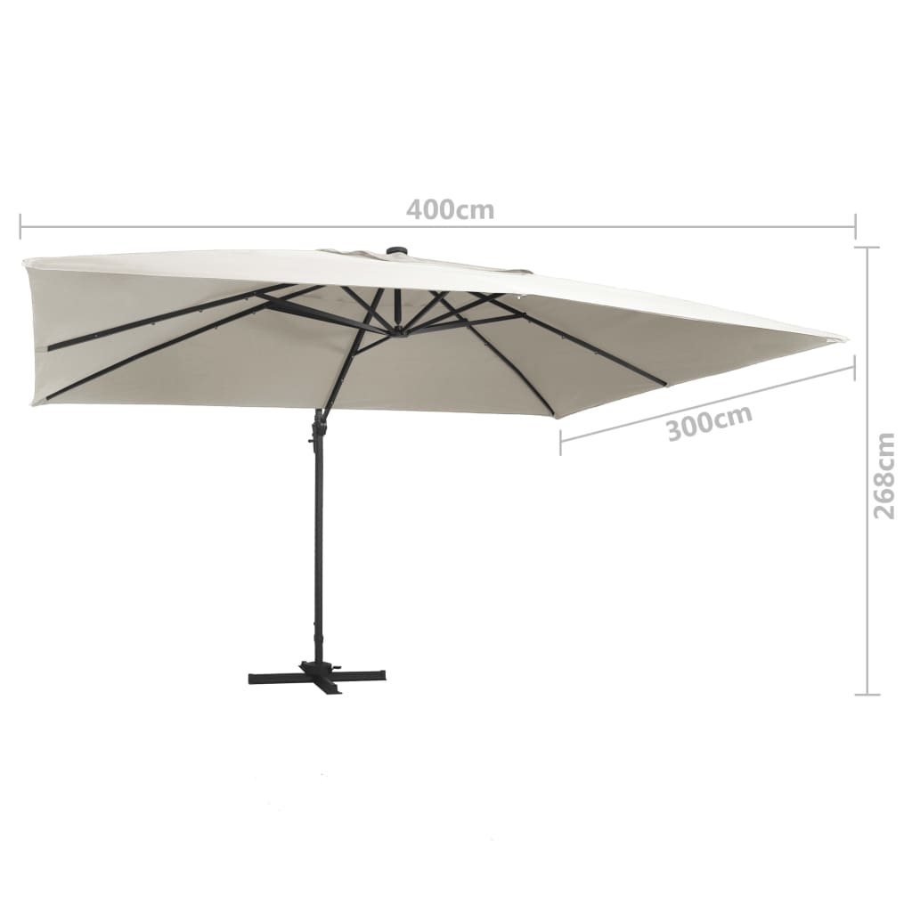 hængeparasol m. LED-lys 400x300 cm aluminiumsstang sandfarvet