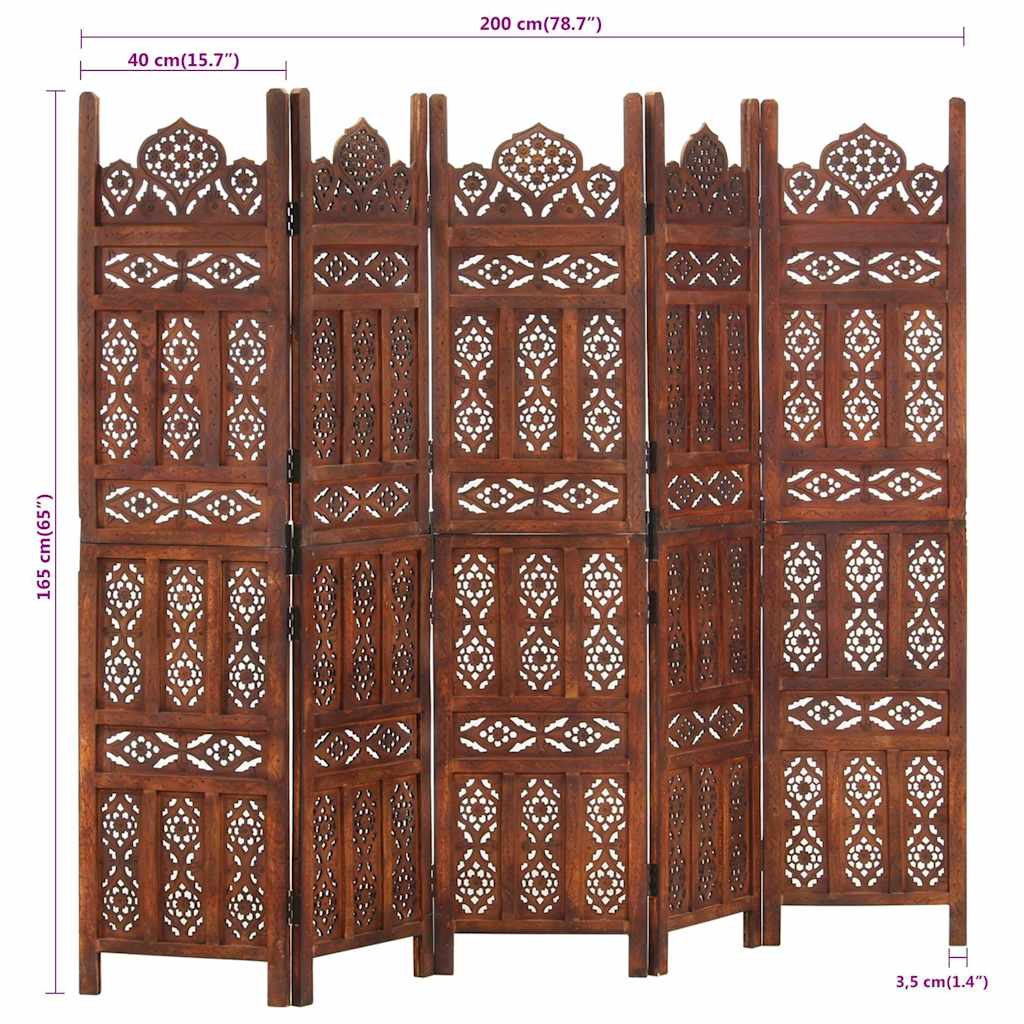 5-panels rumdeler håndskåret 200 x 165 cm massivt mangotræ brun