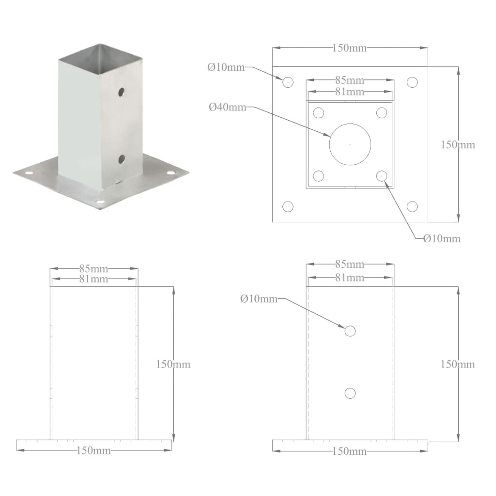 stolpefod 4 stk. 81 mm galvaniseret metal