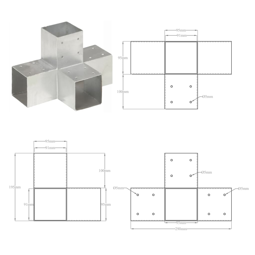 stolpebeslag X-form 91x91 mm galvaniseret metal