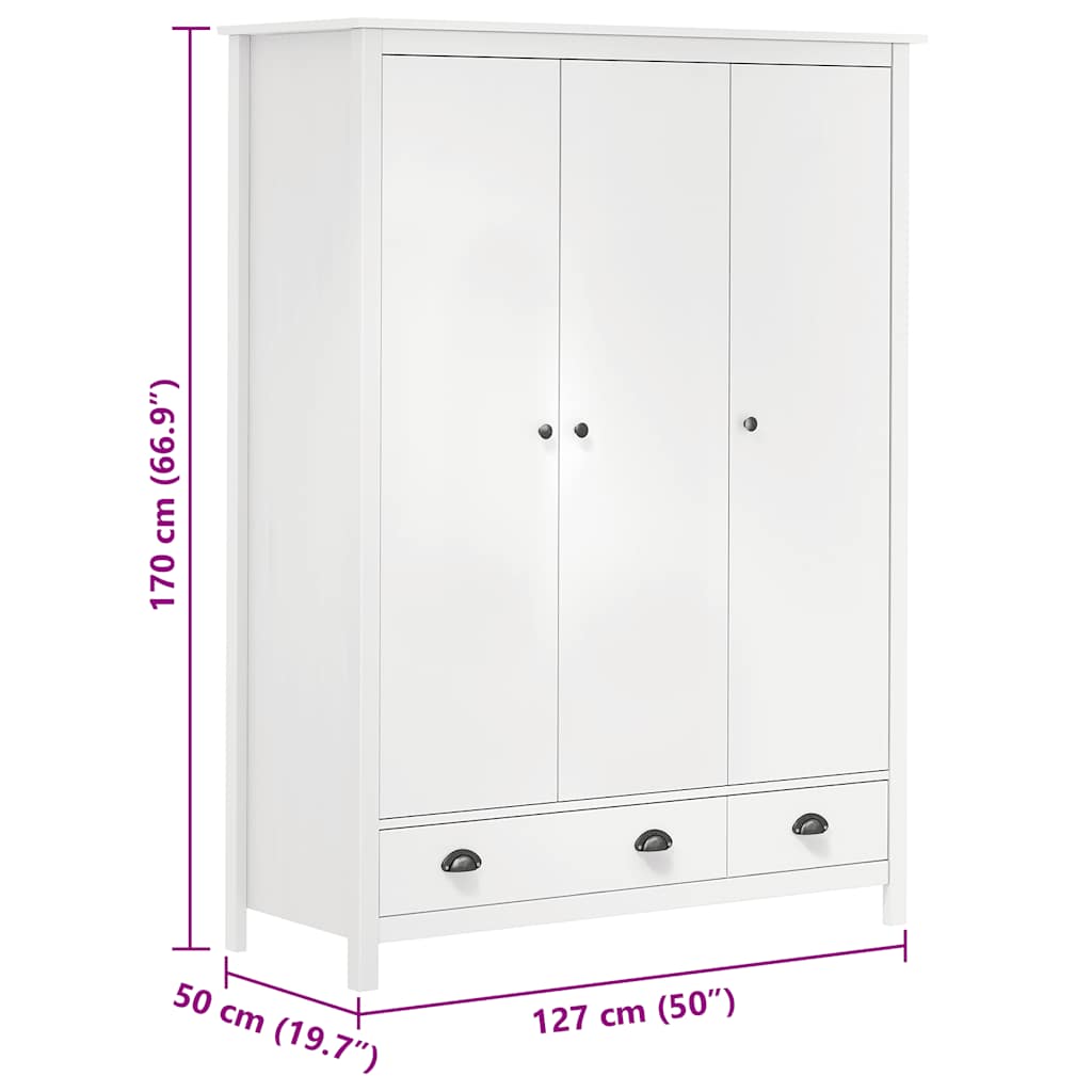 klædeskab med 3 låger Hill 127x50x170 massivt fyrretræ hvid