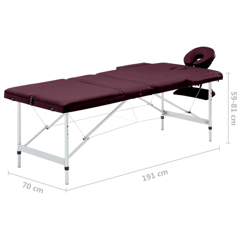 foldbart massagebord 3 zoner aluminium lilla