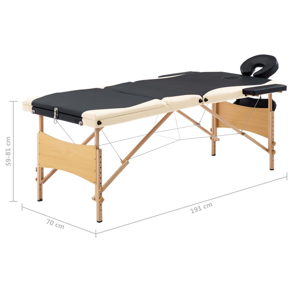 sammenfoldeligt massagebord med træstel 3 zoner sort og beige