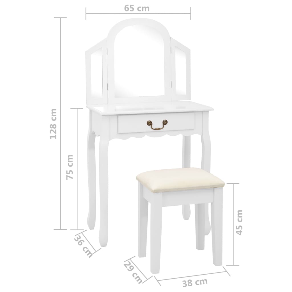 kosmetikbord med taburet 65x36x128 cm kejsertræ MDF hvid