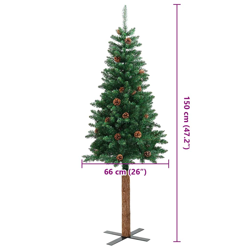 smalt juletræ med ægte træ og grankogler 150 cm PVC grøn