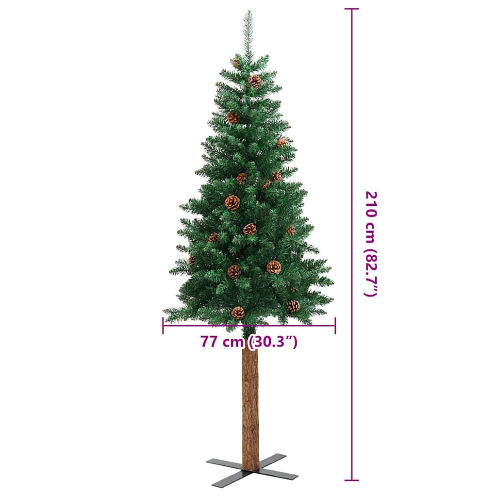 smalt juletræ med ægte træ og grankogler 210 cm PVC grøn