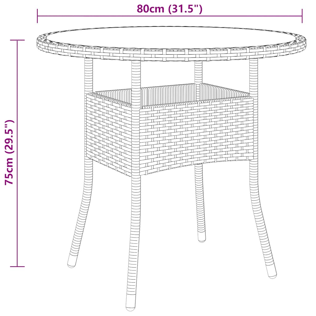 havebord Ø80x75 cm hærdet glas og polyrattan sort