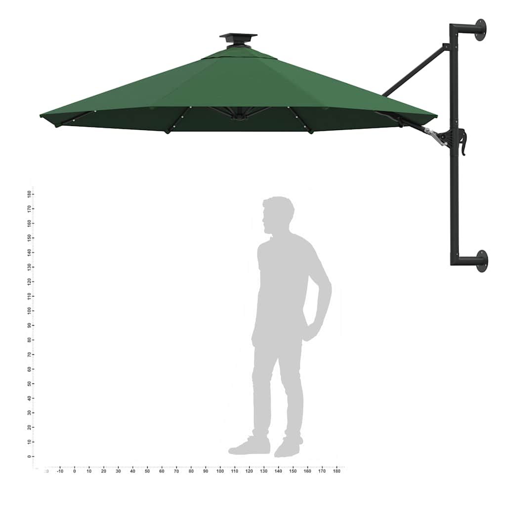 væghængt parasol m. LED-lys 300 cm grøn