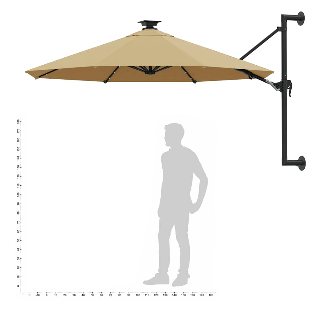 væghængt parasol m. LED-lys 300 cm gråbrun