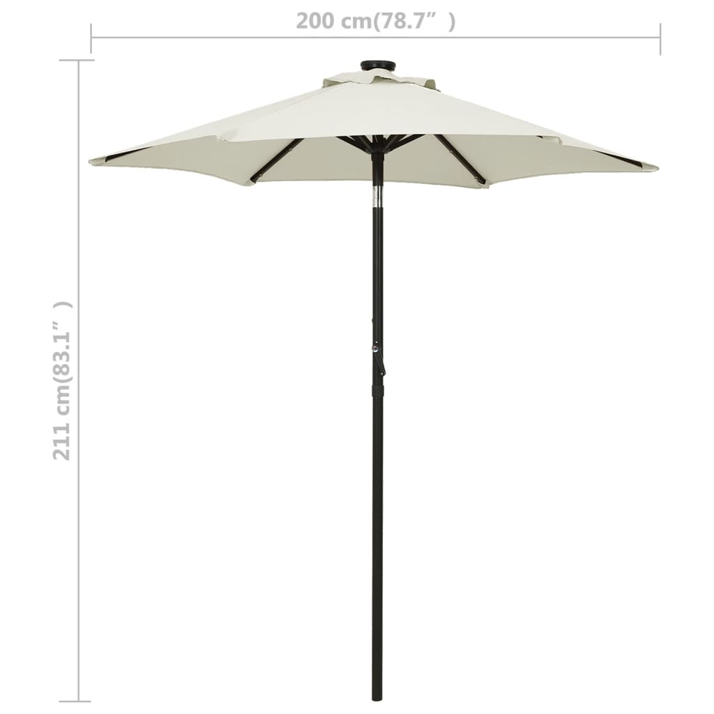 parasol med LED-lys 200x211 cm aluminium sandfarvet