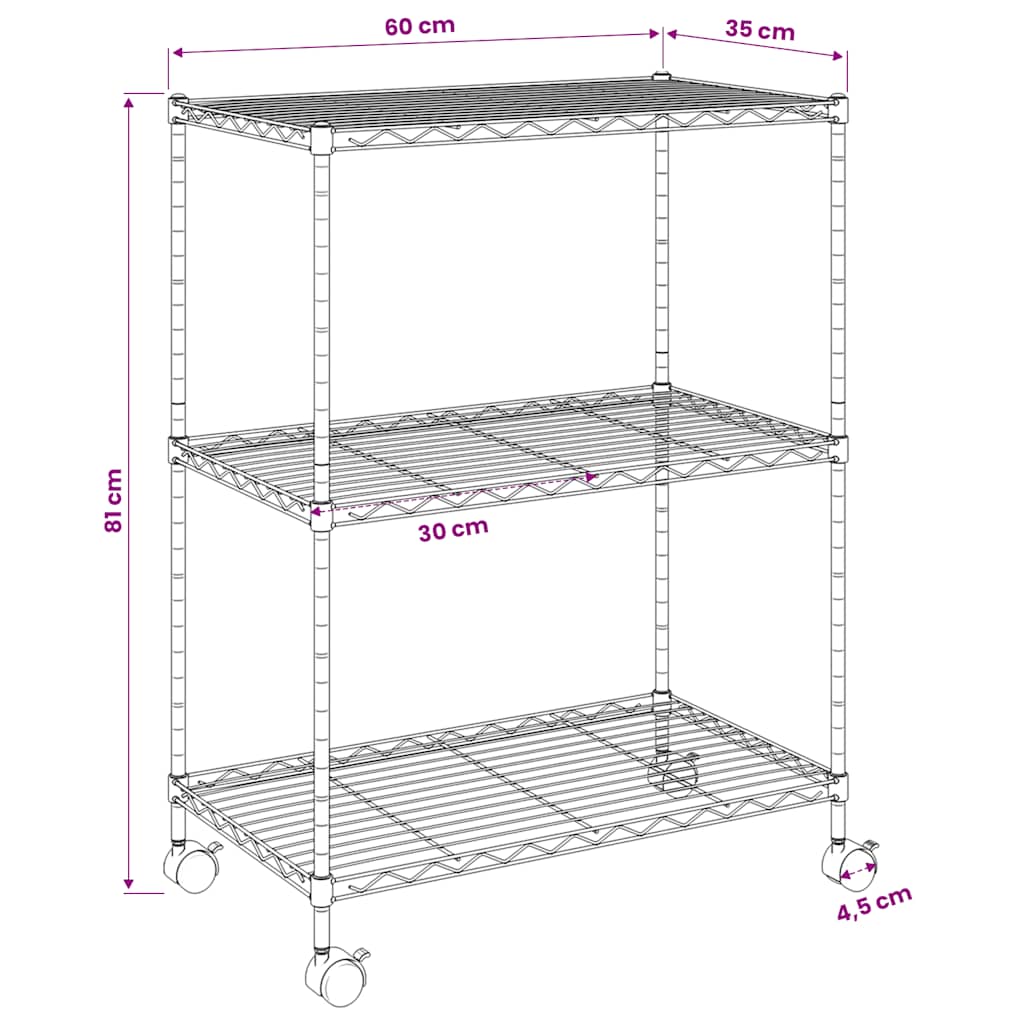 opbevaringsstativ med 3 hylder og hjul 60x35x81 cm 150 kg krom