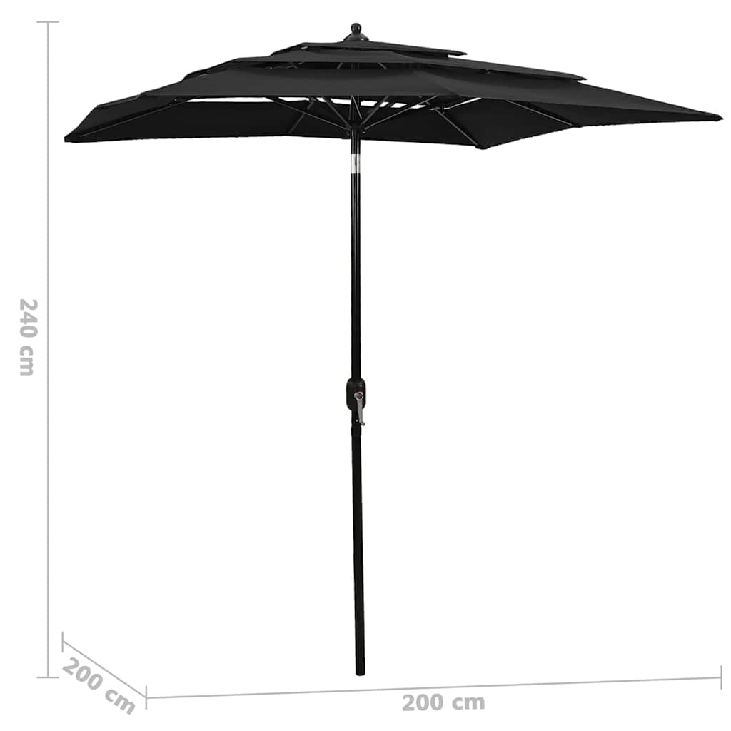 parasol 2x2 m aluminiumsstang 3 niveauer sort
