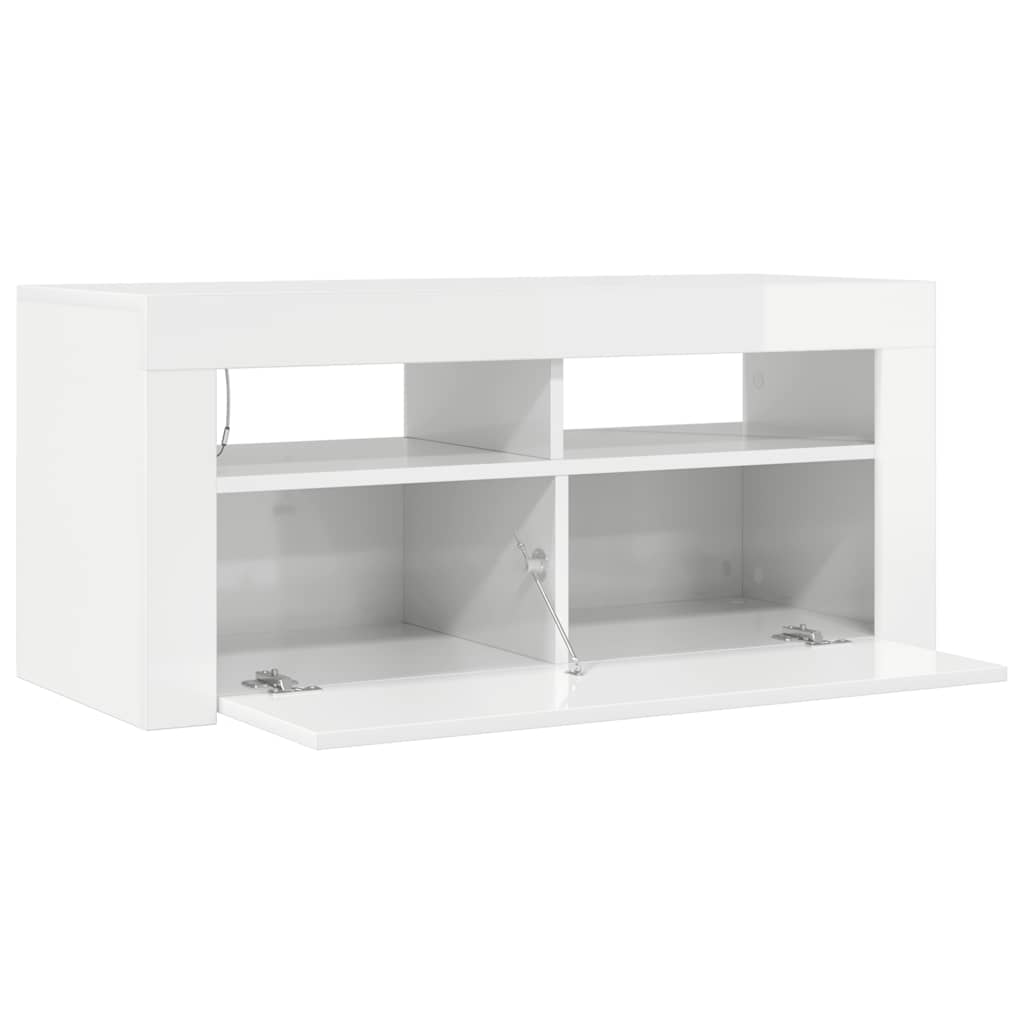 tv-skab med LED-lys 90x35x40 cm hvid højglans