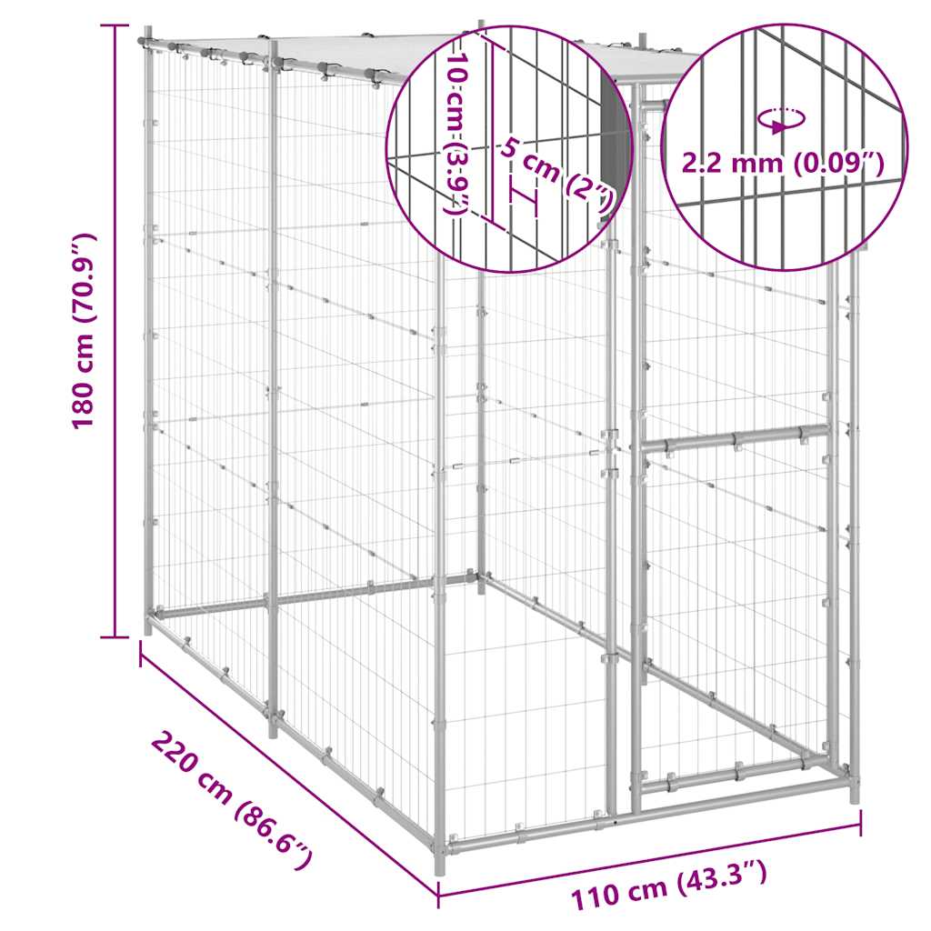 udendørs hundebur med tag galvaniseret stål 110x220x180 cm