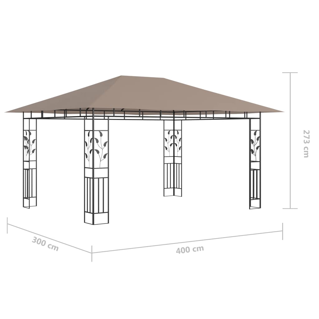 pavillon med myggenet + LED-lyskæder 4x3x2,73 m gråbrun
