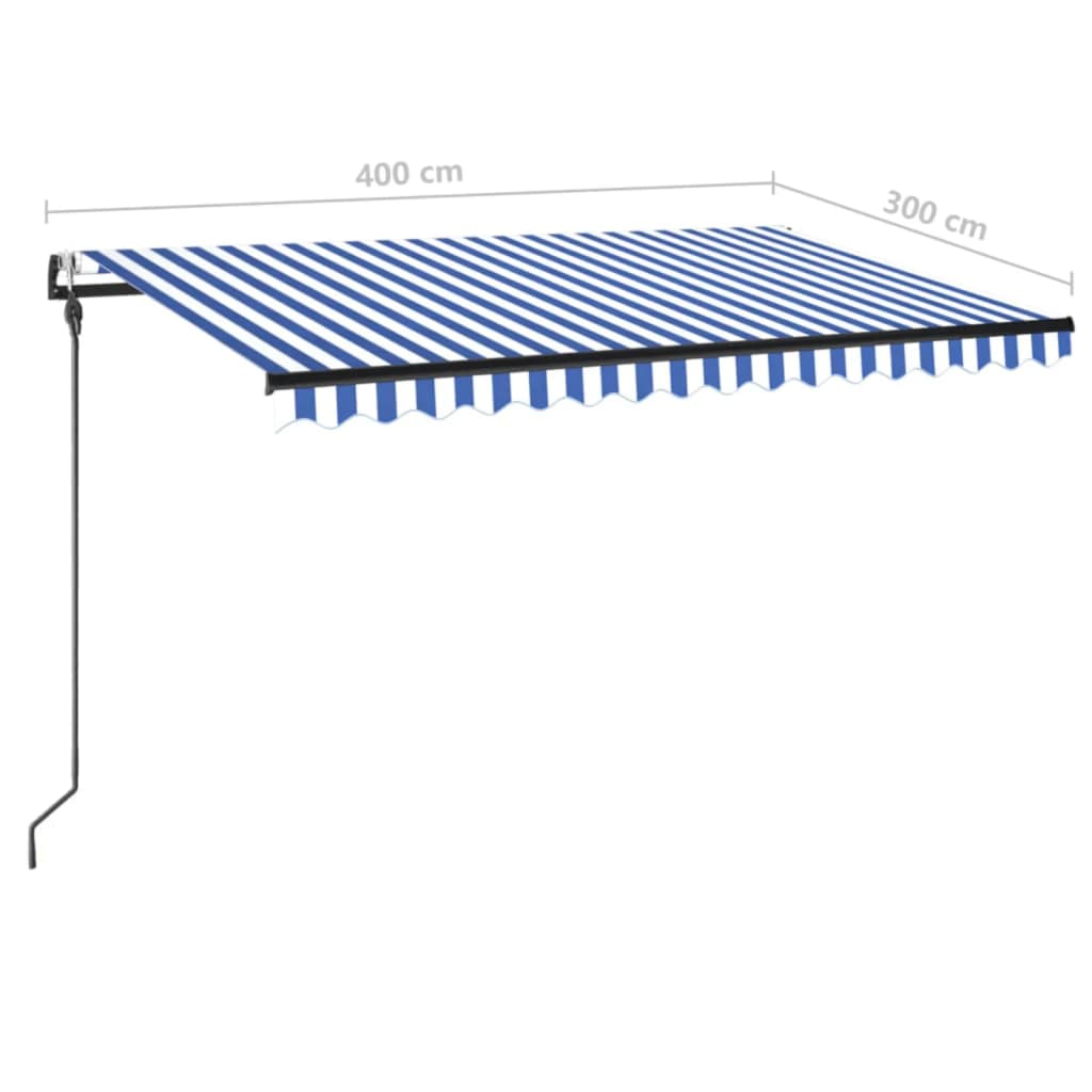 markise m. LED + vindsensor 400x300 cm automatisk blå og hvid