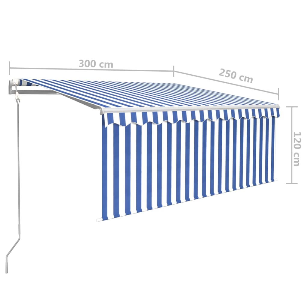 markise m. gardin 3x2,5 m manuel betjening blå og hvid