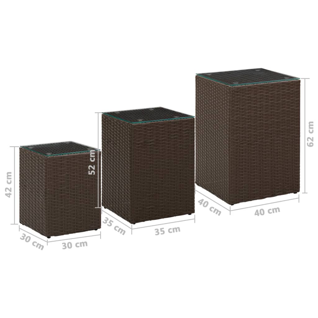 sideborde med glastop 3 stk. polyrattan brun