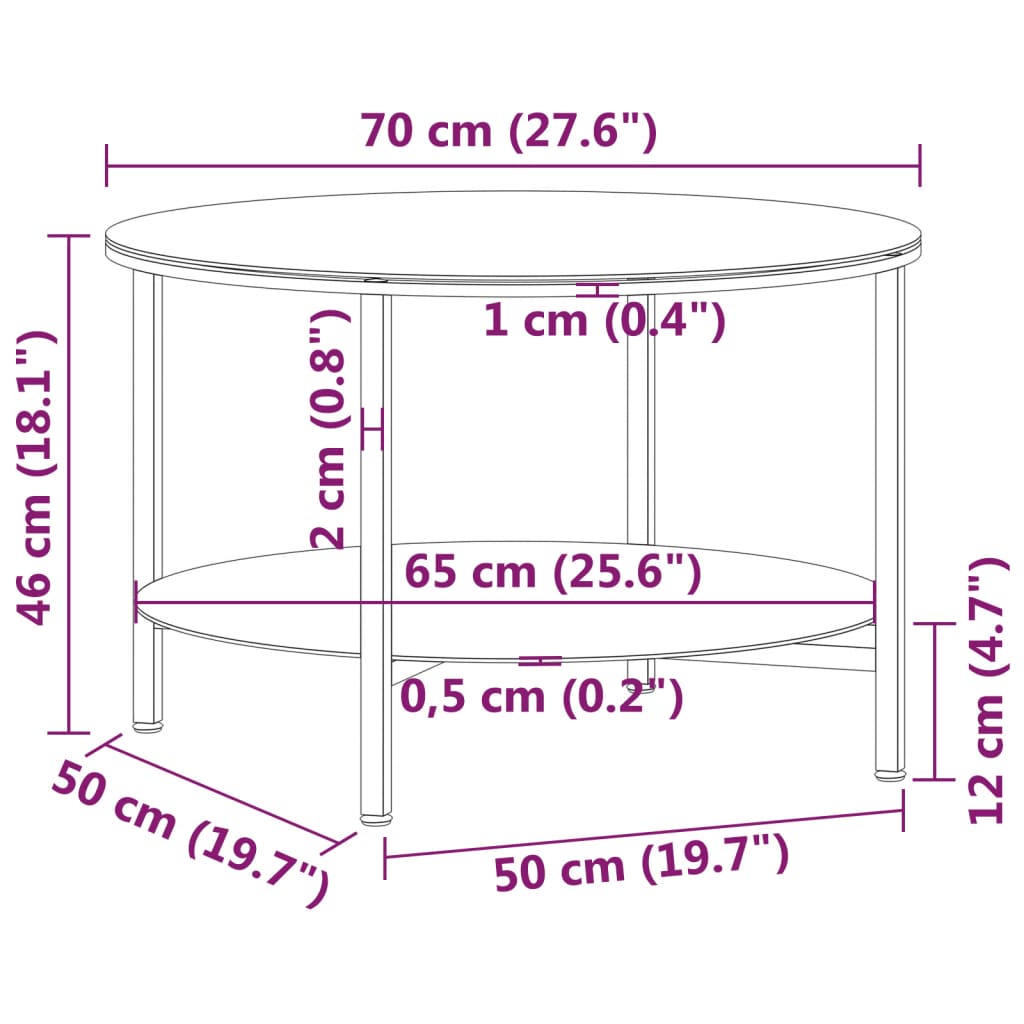 stuebord 70 cm hærdet glas sort og hvid marmoreffekt