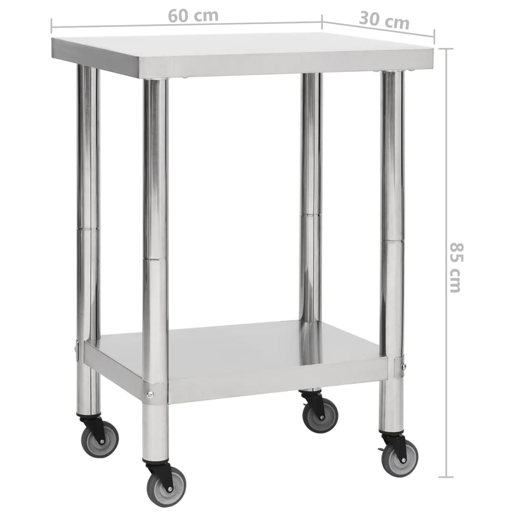 arbejdsbord med hjul til køkken 60x30x85 cm rustfrit stål