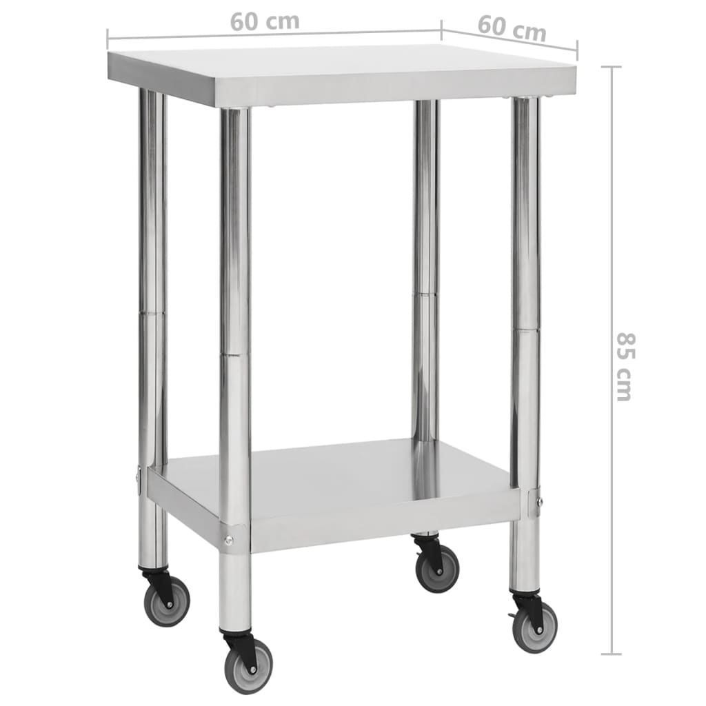 arbejdsbord med hjul til køkken 60x60x85 cm rustfrit stål