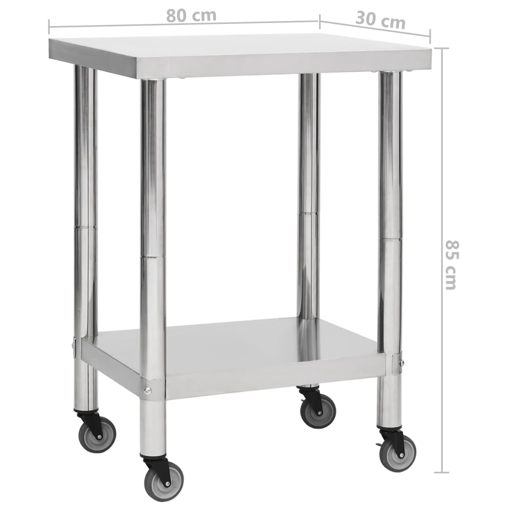 arbejdsbord med hjul til køkken 80x30x85 cm rustfrit stål