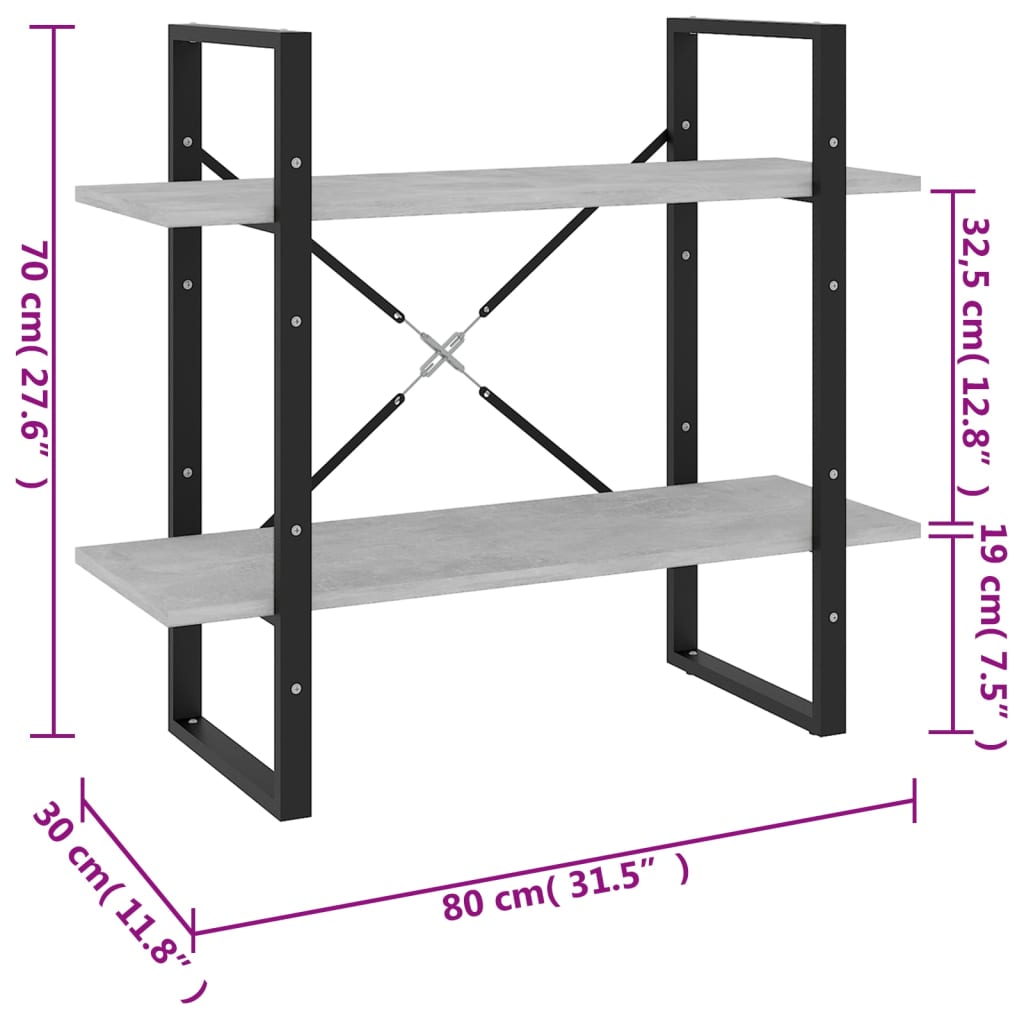 bogreol med 2 hylder 80x30x70 cm konstrueret træ betongrå