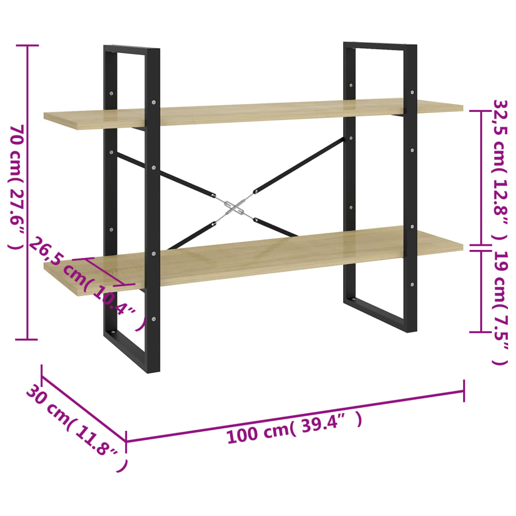 bogreol med 2 hylder 100x30x70 cm konstrueret træ sonoma-eg