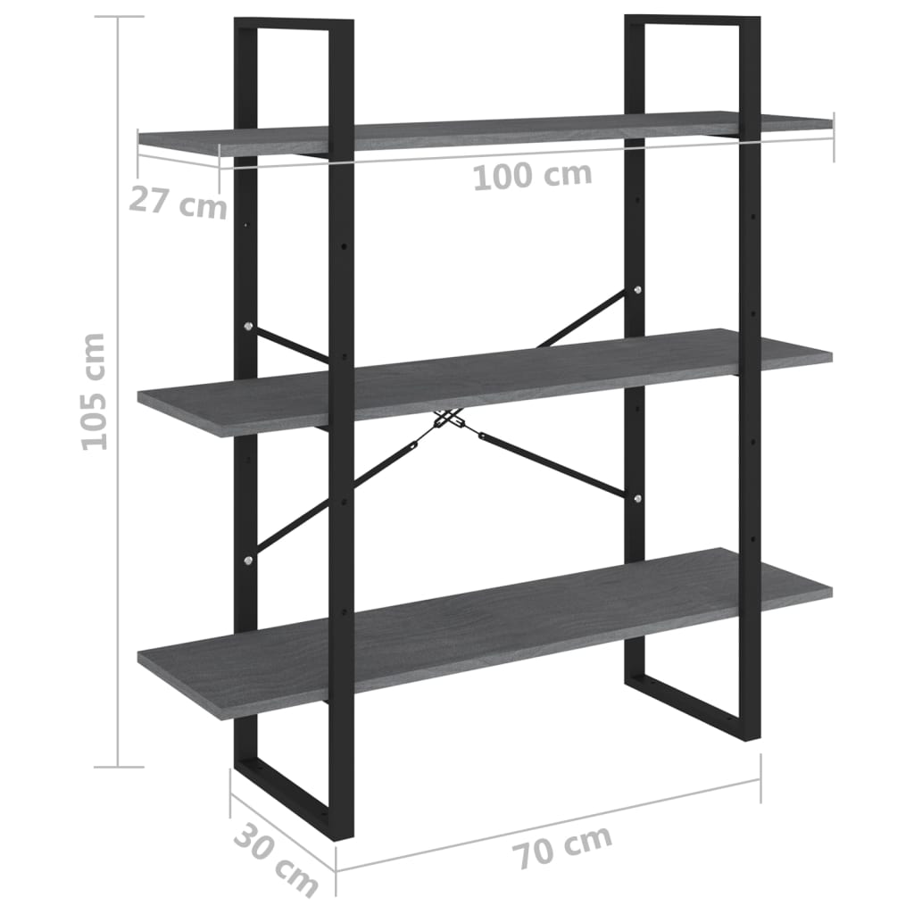 bogreol med 3 hylder 100x30x105 cm massivt fyrretræ grå