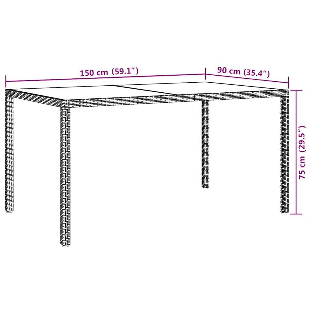 havebord 150x90x75 cm hærdet glas og polyrattan grå
