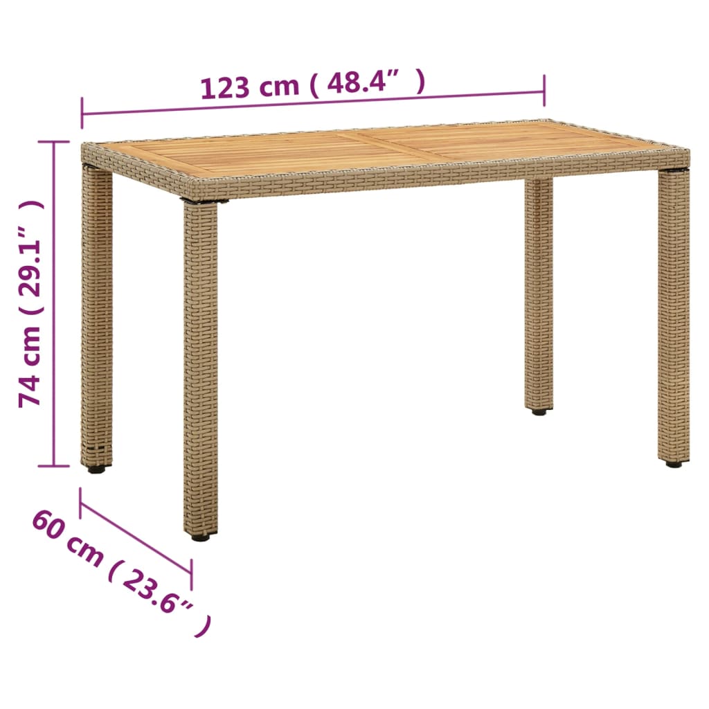 havebord 123x60x74 cm polyrattan og massivt akacietræ beige