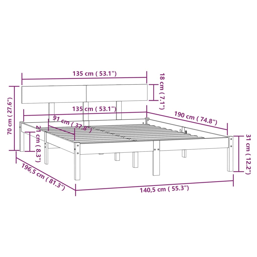 sengeramme 135x190 cm Double massivt fyrretræ sort